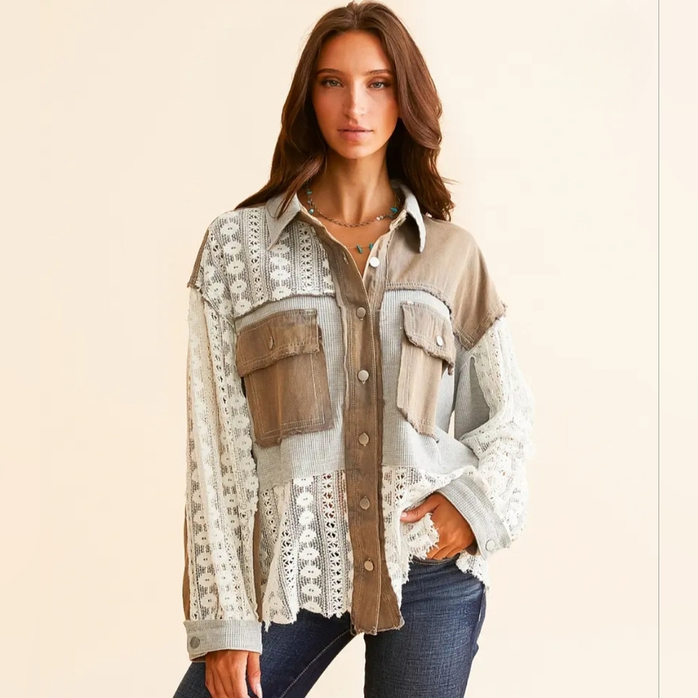 POL Patchwork Lace Button-Down Shirt; Size L; New - image 3